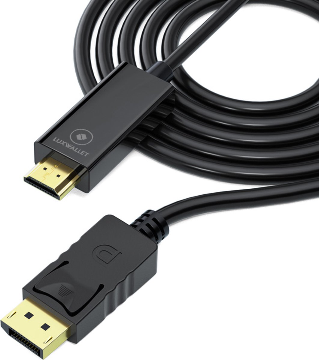 LUXWALLET DH1 HDMI Naar DisplayPort ( DP) Kabel – 1.8 Meter – 4K Ondersteuning – Kabel Met Vergulde Platen - Zwart