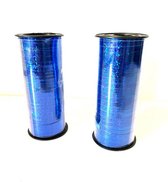 2 rollen cadeaulint - krullint blauw holografisch 91 meter per rol - 4mm breed