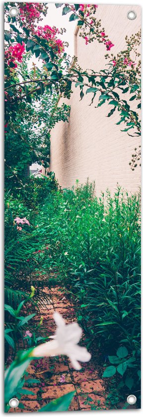 WallClassics - Tuinposter – Hangende Roze Bloemen - 30x90 cm Foto op Tuinposter  (wanddecoratie voor buiten en binnen)