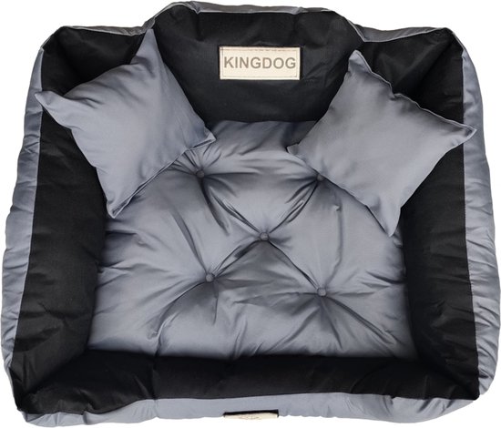 Coussin pour chien gris avec bords noirs, deux petits coussins et logo Kingdog.