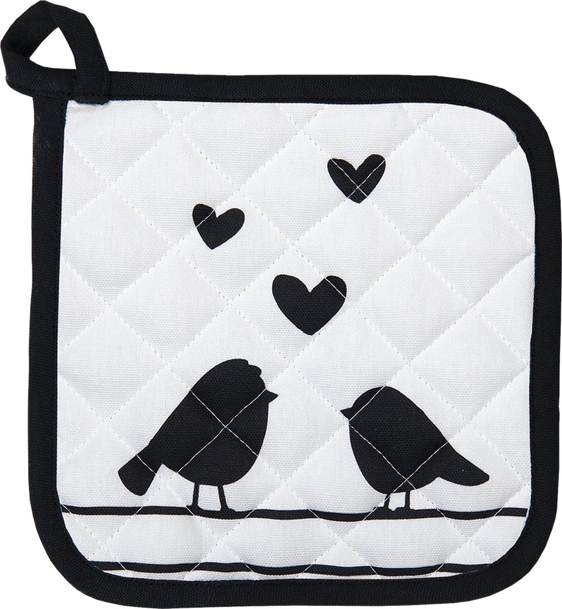 Clayre & Eef Pannenlap 20x20 cm Wit Zwart Katoen Harten Vogels