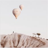 WallClassics - Poster Glanzend – Twee Luchtballonnen boven Rotslandschap - 50x50 cm Foto op Posterpapier met Glanzende Afwerking