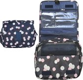 Fako Fashion® - Reis Toilettas Met Ophang Haak - Travel Bag - Organizer Voor Toiletartikelen - Reisartikelen - Travel Bag - Ophangbare Toilettas - Bloemen Navy Blauw