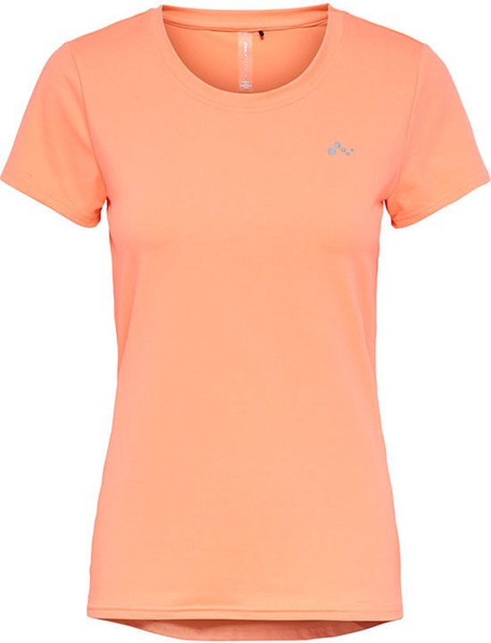 Lichtoranje sportshirt met korte mouwen en ronde hals. Logo met kleine stipjes op de borst.