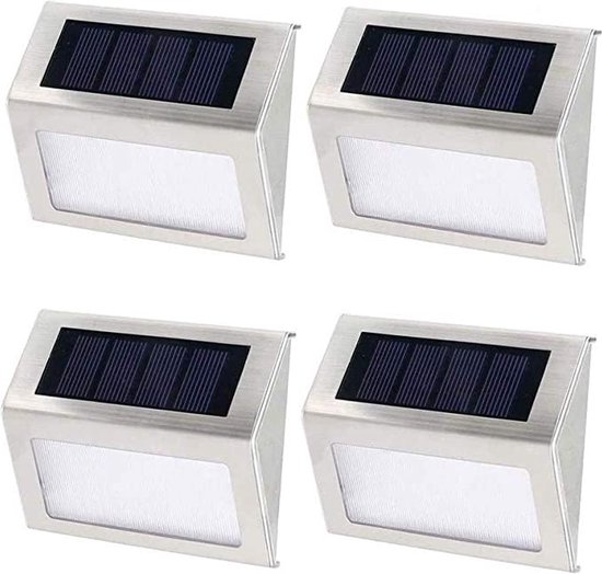 4 Stuks LED Buitenlamp ZonneEnergie RVS - Dag/Nacht Sensor - Compact Design - IP65