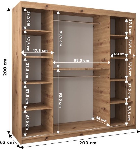 InspireMe - Armoire avec 2 portes coulissantes, Style moderne, Armoire avec étagères (LxHxP): 200x200x62 - TORM 200 Zwart Mat + Chêne Sonoma