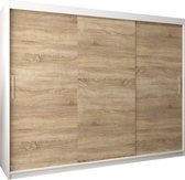 InspireMe - Kledingkast met 3 schuifdeuren, Modern-stijl, Kledingkast met planken (BxHxD): 250x200x62 - TORM 250 Wit Mat + Sonoma Eik