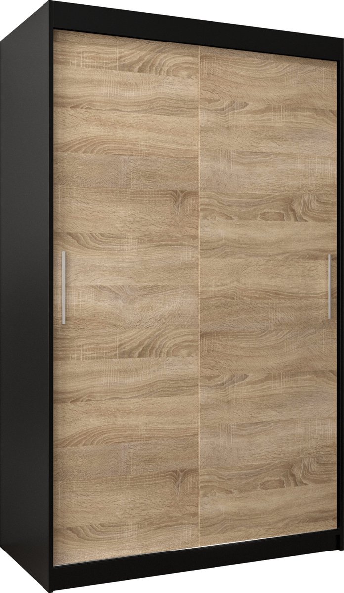 InspireME Kledingkast met 2 schuifdeuren, Modern-stijl, Kledingkast met planken (BxHxD): 120x200x62 - TORM 120 Zwart Mat + Sonoma Eik met 2 lades