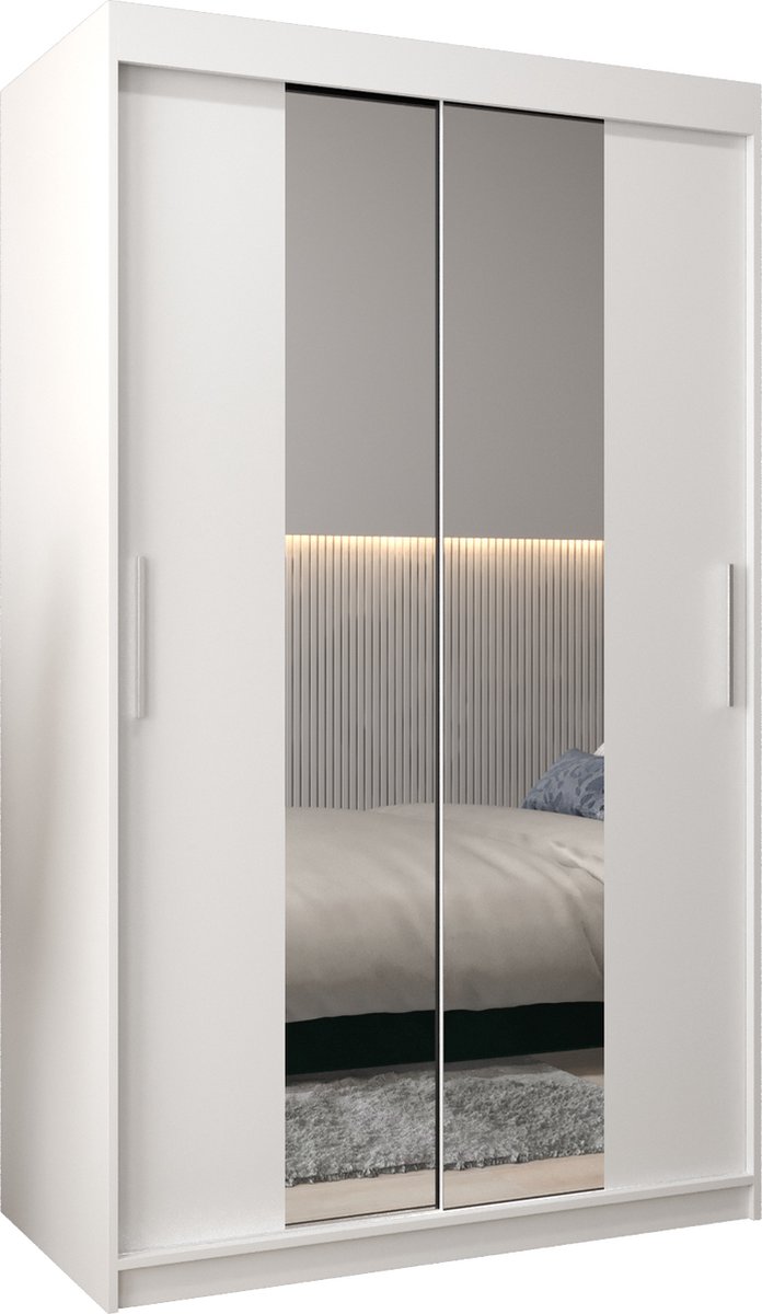 InspireME Kledingkast met 2 schuifdeuren, Modern-stijl, Kledingkast met planken (BxHxD): 120x200x62 - TORM I 120 Wit Mat met 2 lades
