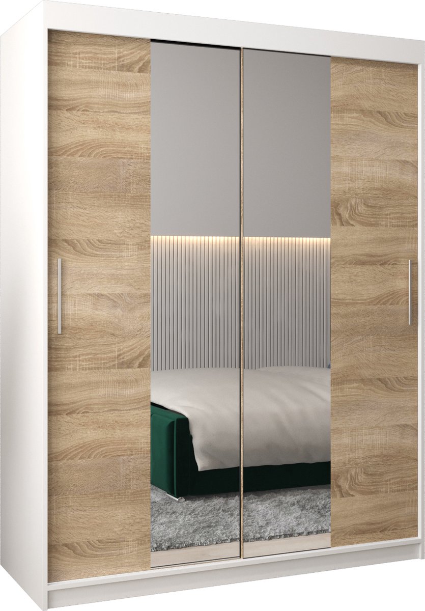 InspireME Kledingkast met 2 schuifdeuren, Modern-stijl, Kledingkast met planken (BxHxD): 150x200x62 - TORM I 150 Wit Mat + Sonoma Eik