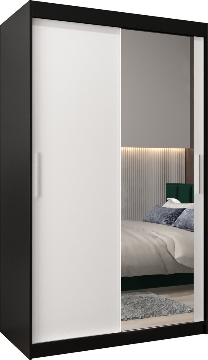 InspireME Kledingkast met 2 schuifdeuren, Modern-stijl, Kledingkast met planken (BxHxD): 120x200x62 - TORM II 120 Zwart Mat + Wit Mat