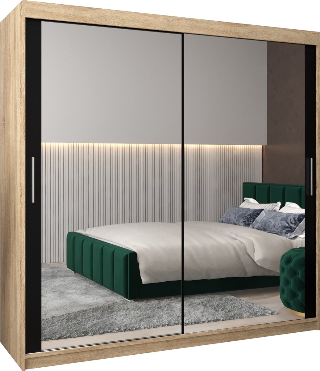 InspireMe - Kledingkast met 2 schuifdeuren, Modern-stijl, Kledingkast met planken (BxHxD): 200x200x62 - TORM III 200 Sonoma Eik + Zwart Mat met 4 lades