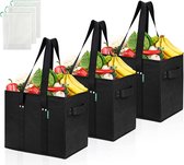 COTTARA Premium boodschappentas opvouwbaar 3-pack – stabiele herbruikbare boodschappenmand met opvouwbare versterkte bodem incl. 3x fruit- en groentenetten – 38 x 23 x 31 cm zwart