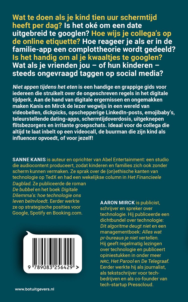 Achterkant van het boek 'Niet appen tijdens het eten' met tekst en een streepjescode.