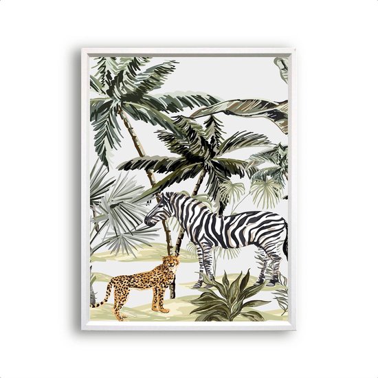 Postercity - Poster Cheeta en Zebra in jungle rechts aquarel / waterkleur - Dieren Jungle Poster - Kinderkamer / Babykamer - 70x50cm