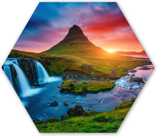 Hexagon wanddecoratie - Kunststof Wanddecoratie - Hexagon Schilderij - Waterval - Berg - Mos - Zonsondergang - 75x65 cm