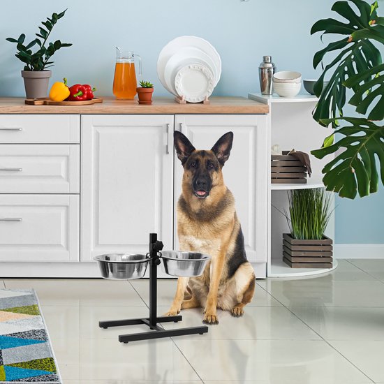 Voerbak Op Standaard 1x Honden, 42 X 53 X 26cm, 2,2 L Antislip, In De Hoogte Verstelbaar, Dubbele Voerbakjes, Zilver Honden Bak