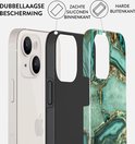 Exploded view van een telefoonhoes: zachte siliconen binnenkant, harde buitenkant met groen marmerpatroon.
