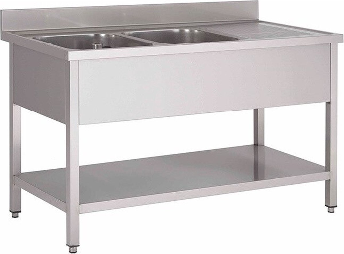 Gastro-Inox RVS Spoeltafel Met 2 Spoelbakken Links En Onderblad 2000(l)x600(d)x880(h)mm - Gastro-Inox 305.426 - Horeca & Professioneel