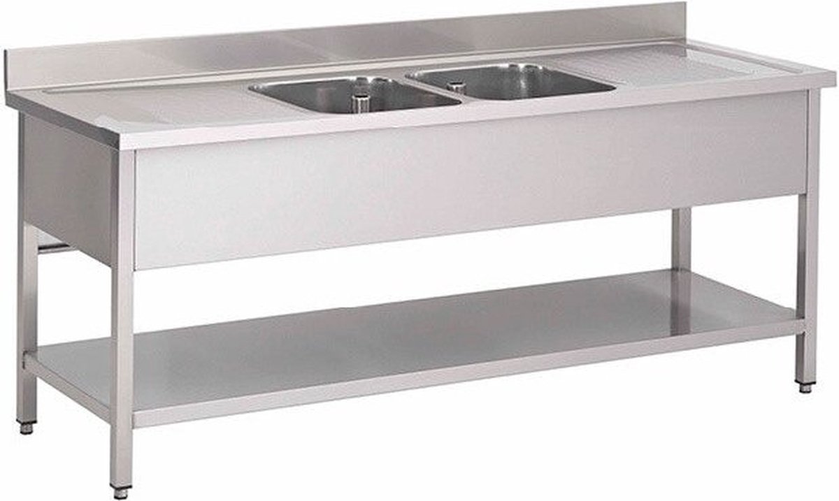 Gastro-Inox RVS Spoeltafel Met 2 Spoelbakken Midden En Onderblad 1200(l)x600(d)x880(h)mm - Gastro-Inox 305.411 - Horeca & Professioneel