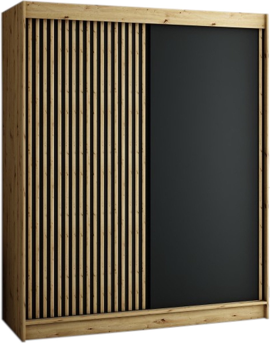 InspireMe - Kledingkast met 2 schuifdeuren, Loft-stijl, Kledingkast met planken (BxHxD): 180x200x62 - MELO 180 met 4 lades Artisan Eik + Zwart