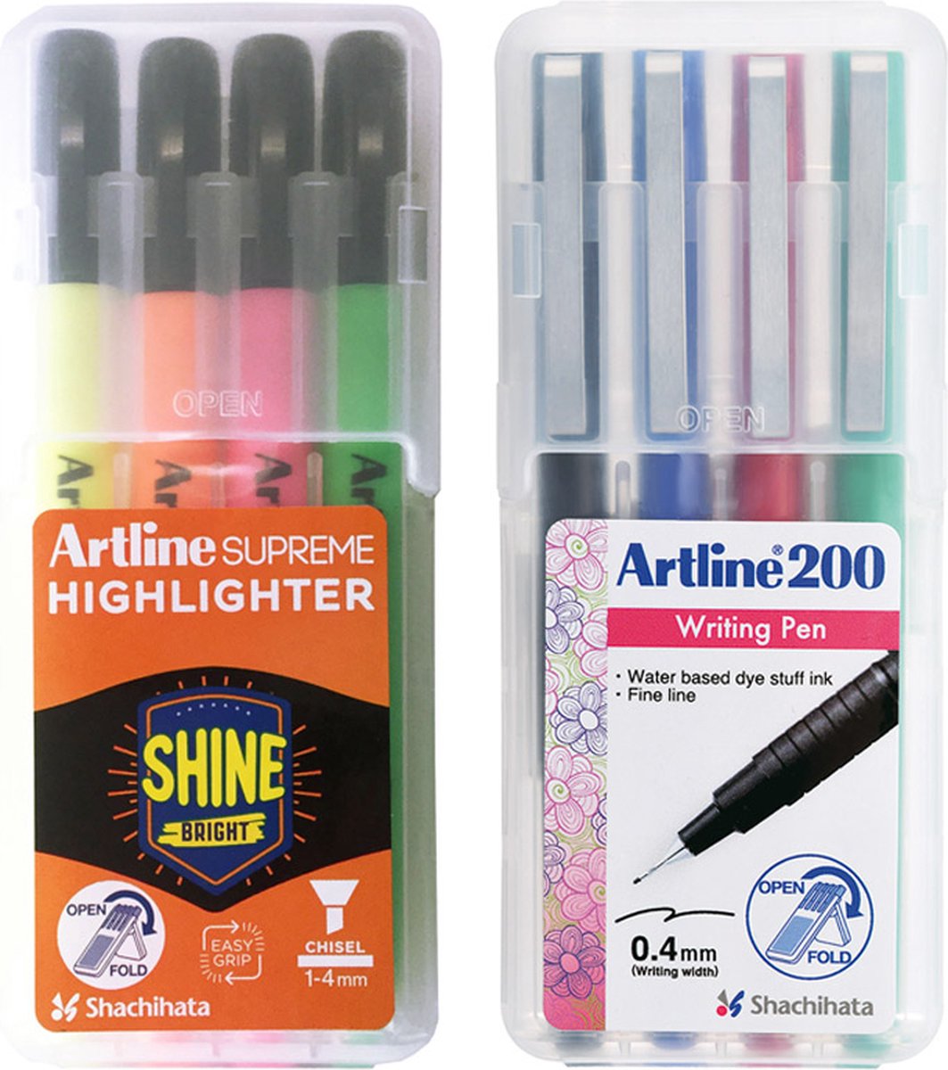Set van 1x Artline box Supreme Fluo-Markers + 1x Artline box Fineliners 200.