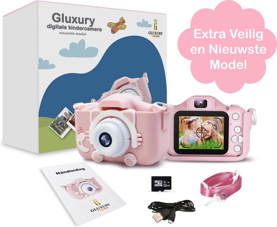 Gluxury Digitale Kindercamera 2022 HD 1080P 32 GB Inclusief Micro USB Kaart + SD Kaart – Nederlands - Fototoestel Voor Kinderen – Extra veilig - Vlog Camera – Nederlandstalig – USB Oplaadbaar – Roze – Digitaal Kinderfototoestel