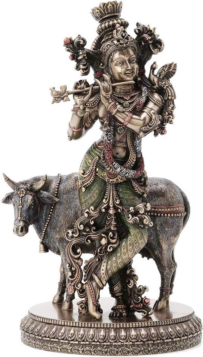 Veronese Design - Beeld/figuur - Krishna met Heilige Koe - Gebronsd beeld - Zeer gedetailleerd - (hxbxd) ca. 27cm x 16cm x 12,5cm
