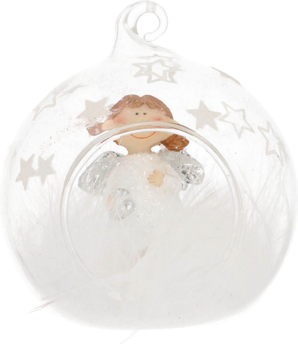 Oneiro's luxe Glazen kerstbal met engel | Transparant | 8cm - kerstbal - luxe verpakking – kerstcollectie – kerstdecoratie – kerstboomhanger – kerstversiering