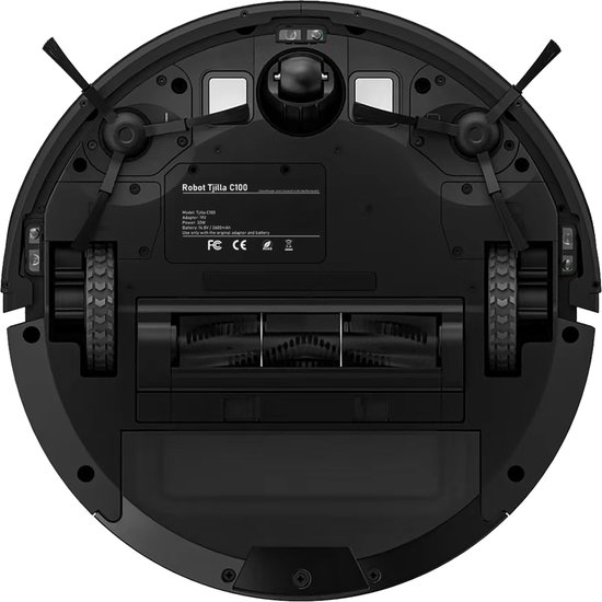 Onderkant van zwarte ronde robotstofzuiger met borstels en wielen.