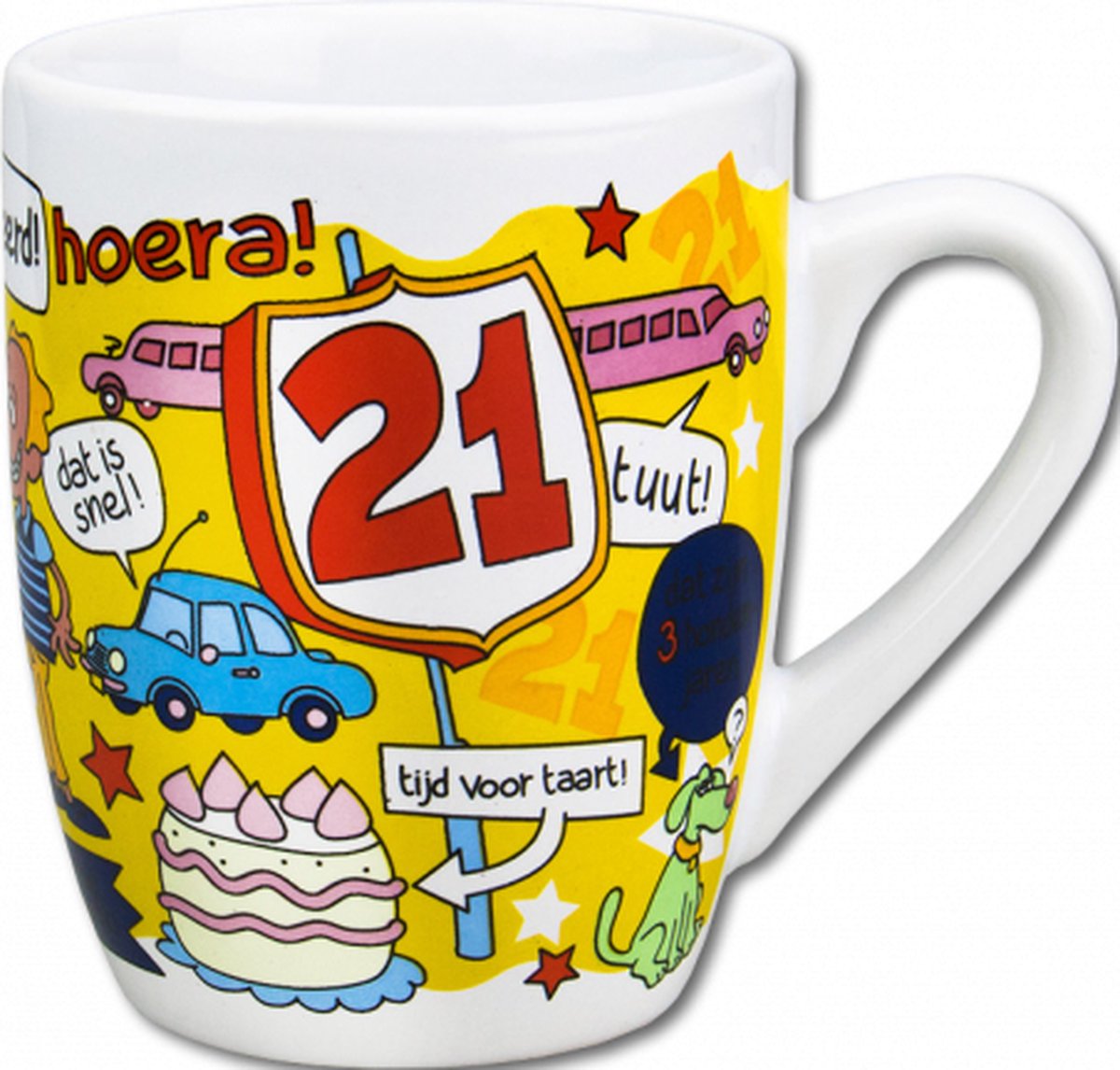 Verjaardag - Cartoon Mok - Hoera 21 jaar - In cadeauverpakking met gekleurd lint