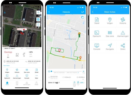 Drie smartphone-schermen met de Onntag GPS-tracker-app, die kaarten, routes en menuopties tonen.
