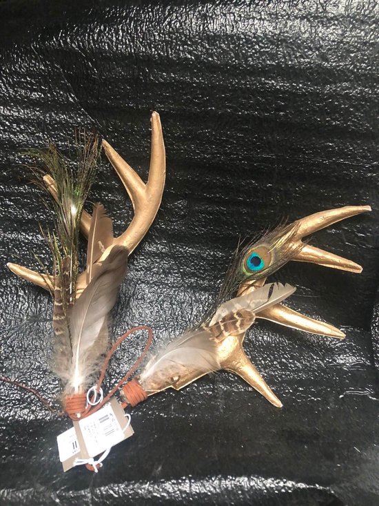 Hangers Gewei met veren Set van 2 ornamenten Colette  goudkleurig met pluimen