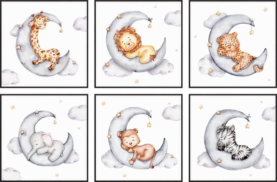 Kinderkamer Posters - Safari Dieren - 6 stuks - 40x40 cm - Baby Giraffe, Leeuw, Luipaard, Olifant, Aapje en Zebra - Kinderposter - Babykamer - Babyshower Cadeau - Wanddecoratie - Muurdecoratie