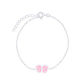 Joy|S - Zilveren vlinder armband - 14 cm + 3 cm - roze met witte stipjes - voor kinderen