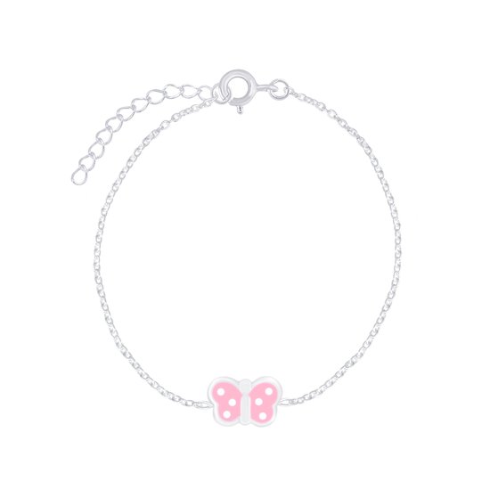Joy|S - Zilveren vlinder armband - 14 cm + 3 cm - roze met witte stipjes - voor kinderen
