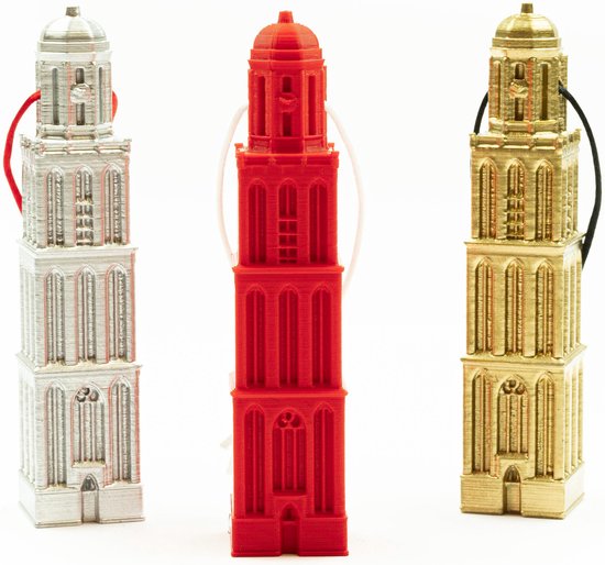 Zilveren, rode en gouden kersthanger in de vorm van de Peperbus van Zwolle, met koordjes.