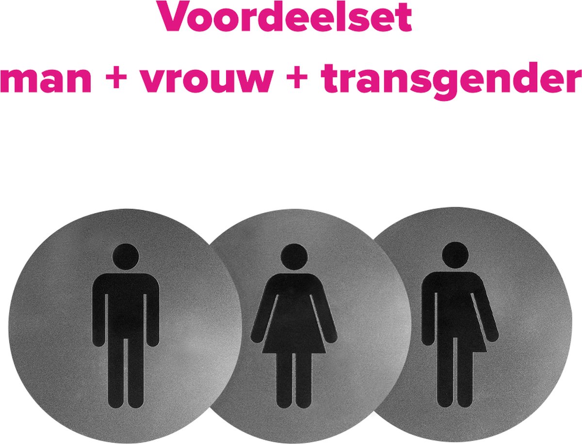 Wc bordjes – Voordeelset van 3 - Man - Vrouw – Genderneutraal - Rond – RVS met Zwart – 10 x 10 cm - Toilet bordje – Deurbord – Zelfklevend