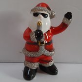 Beeld kerstman met glitterpak en gouden microfoon -10cm hoog