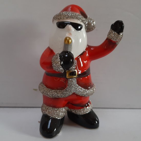Beeld kerstman met glitterpak en gouden microfoon -10cm hoog