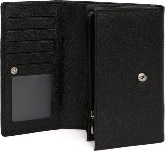 Portefeuille noire en cuir ouverte, avec des compartiments, une fenêtre transparente et une poche zippée.