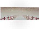 WallClassics - PVC Schuimplaat- Rode Brug met Sneeuw en Mist bij Bos - 60x20 cm Foto op PVC Schuimplaat