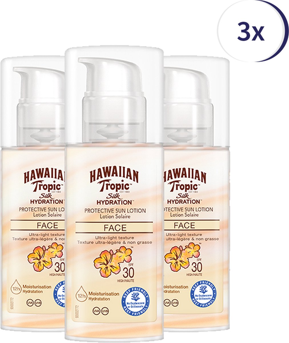 Hawaiian Tropic SPF30 zonnebrandlotion Gezicht 50 ml - 3 stuks - 12 uur beschermingstijd - Voordeelverpakking