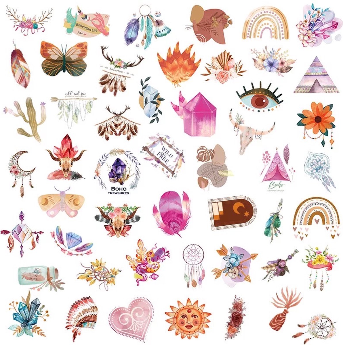 Bohemian Retro Stickers 50 Stuks | Boho Stickers | Thema Bohemien | Laptop Stickers | Decoratie | Stickers Kinderen | Stickers Volwassenen | Flowers | Regenboog | Vlinder | Bloemen | Plakstickers | Stickers Bullet Journal | Planner Stickers — afbeelding 2