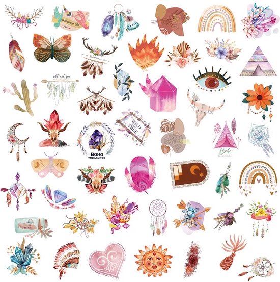 Bohemian Retro Stickers 50 Stuks | Boho Stickers | Thema Bohemien | Laptop Stickers | Decoratie | Stickers Kinderen | Stickers Volwassenen | Flowers | Regenboog | Vlinder | Bloemen | Plakstickers | Stickers Bullet Journal | Planner Stickers