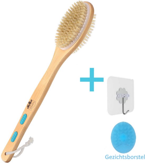 Blubs® – Houten Badborstel – Dry brush – RugScrubber – Lichaamsborstel met lange steel – Rugborstel douche met steel – Huidborstel – Rugborstel hout – Houten Badborstel met steel – Doucheborstel met steel – rugborstel – Droogborstel – Massage – Blauw