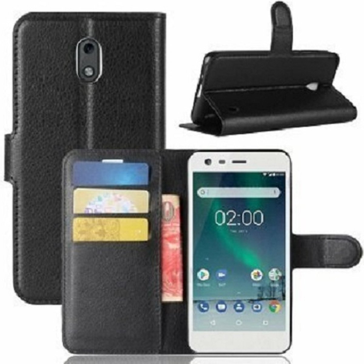 Nokia 2 Hoesje Met Pasjeshouder Bookcase Zwart