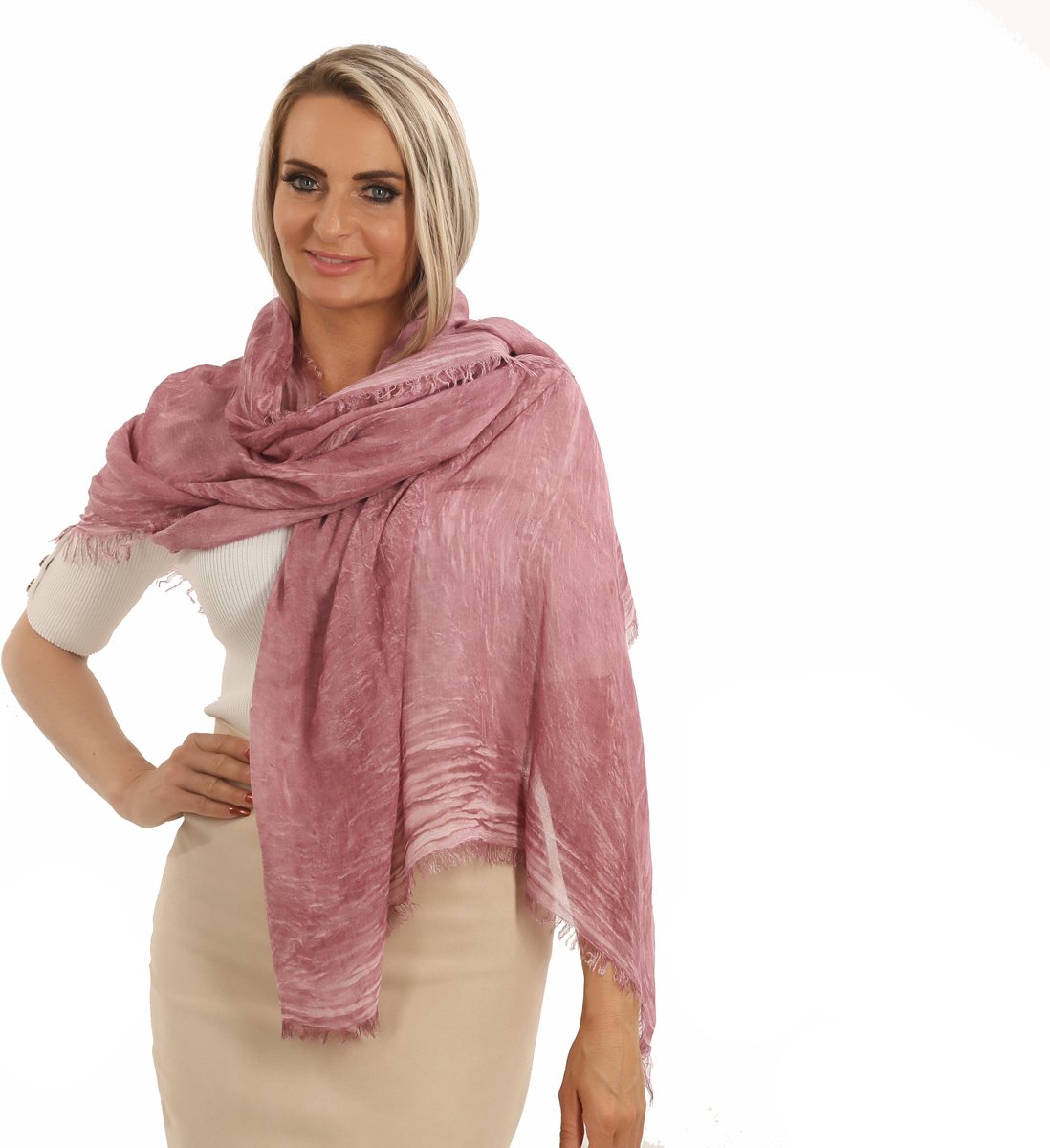 Pashmina Shine-oud roze-sjaal dames-gemêleerd-cashmere-modal-ruffles