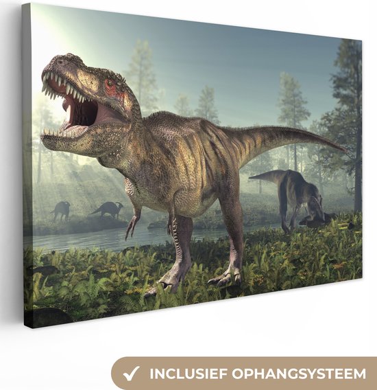 Foto: Canvas schilderij dino kinderkamer decoratie dinosaurus landschap natuur dieren canvas doek kinderen kids muurdecoratie 120x80 cm