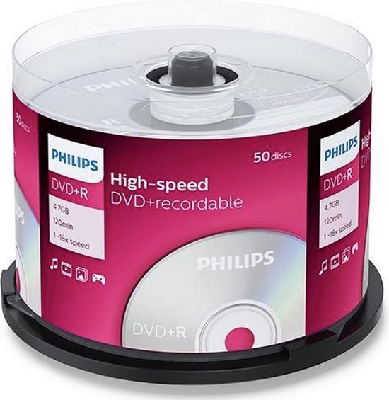Philips DVD+R 50 discs, 4.7GB, 1-16x speed, in paarse verpakking.
